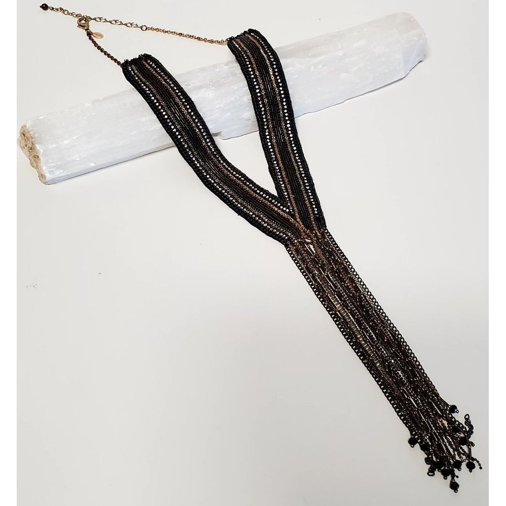 Chico's Miesha Necklace Fringe Bead Silver Gold Beads Collar Statement Y Pendant - Picture 6 of 11